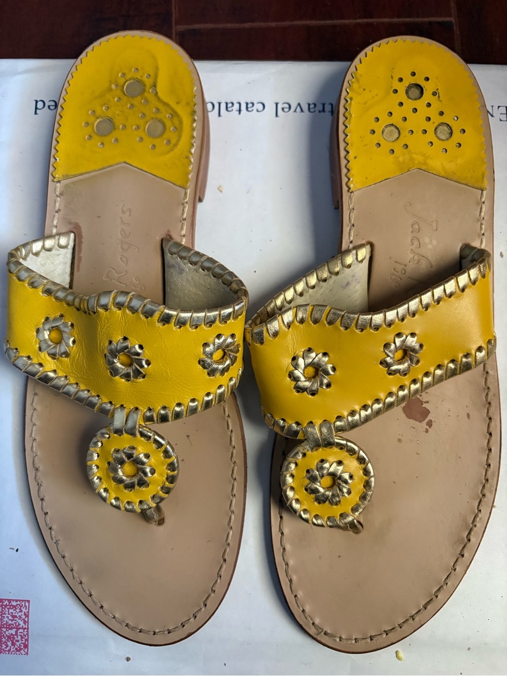 Jack Rogers Yellow Leather Slide Sandals with Gold Trim